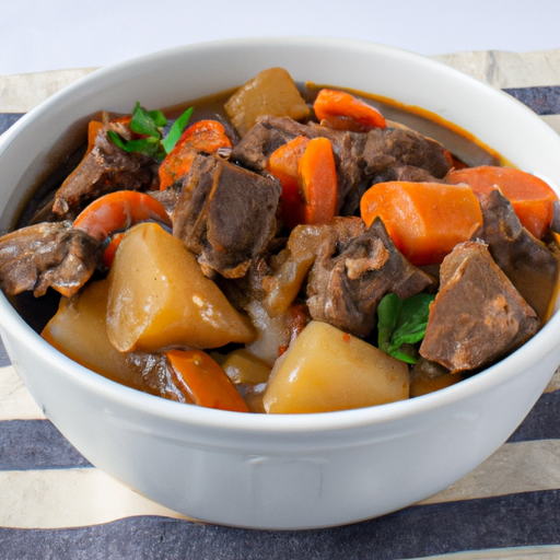 A steaming bowl of hearty beef stew with chunks of tender beef and colorful root vegetables.