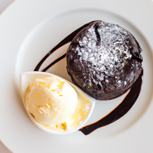 A decadent chocolate lava cake topped with a scoop of vanilla ice cream.