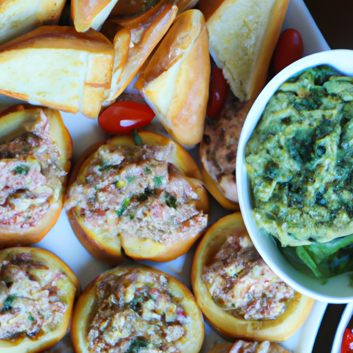 A platter of colorful appetizers, including bruschetta and spinach artichoke dip.